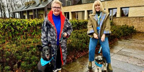 Two hospice supporters, Carlyn and Hazel with pooches Dexter and Bailey get ready for the Dog Dash 